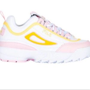 Pink Yellow and White Fila Distributor 2 Sneakers